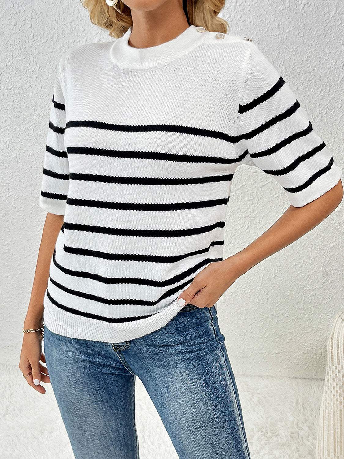 Striped Round Neck Half Sleeve Knit Top - Trendsi - Flyclothing LLC