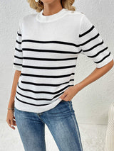 Striped Round Neck Half Sleeve Knit Top - Trendsi - Flyclothing LLC