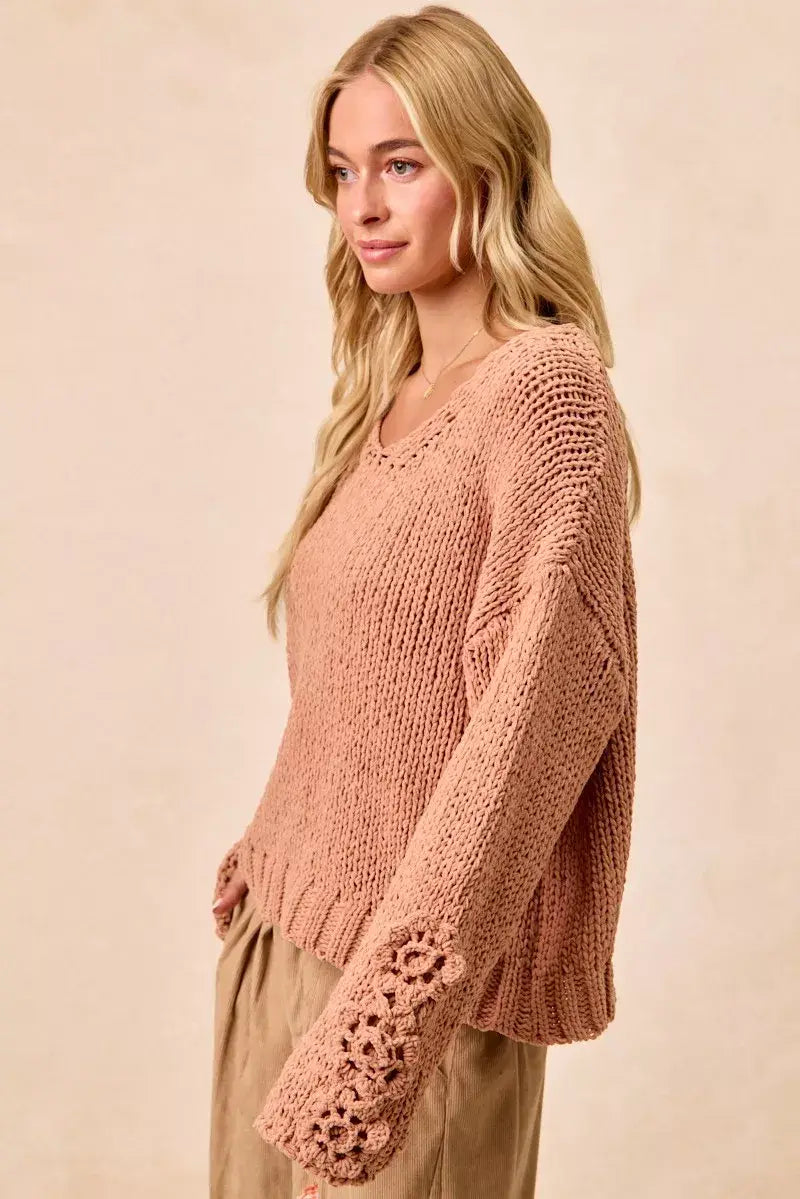 BiBi Chunky Knit Sweater with Flower Detail Sleeves - Trendsi - Flyclothing LLC