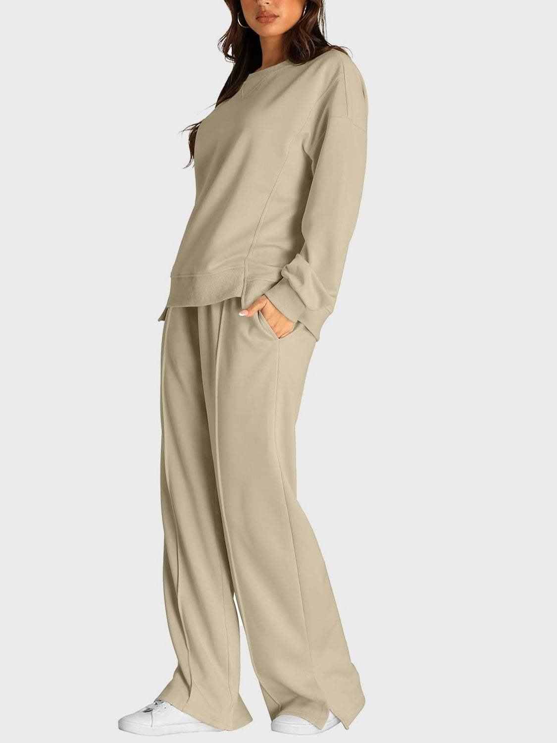 Round Neck Long Sleeve Top and Slit Pants Set - Trendsi - Flyclothing LLC