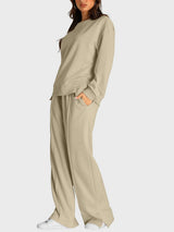 Round Neck Long Sleeve Top and Slit Pants Set - Trendsi - Flyclothing LLC