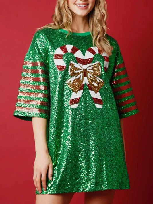 Sequin Round Neck Half Sleeve T-Shirt - Trendsi - Flyclothing LLC