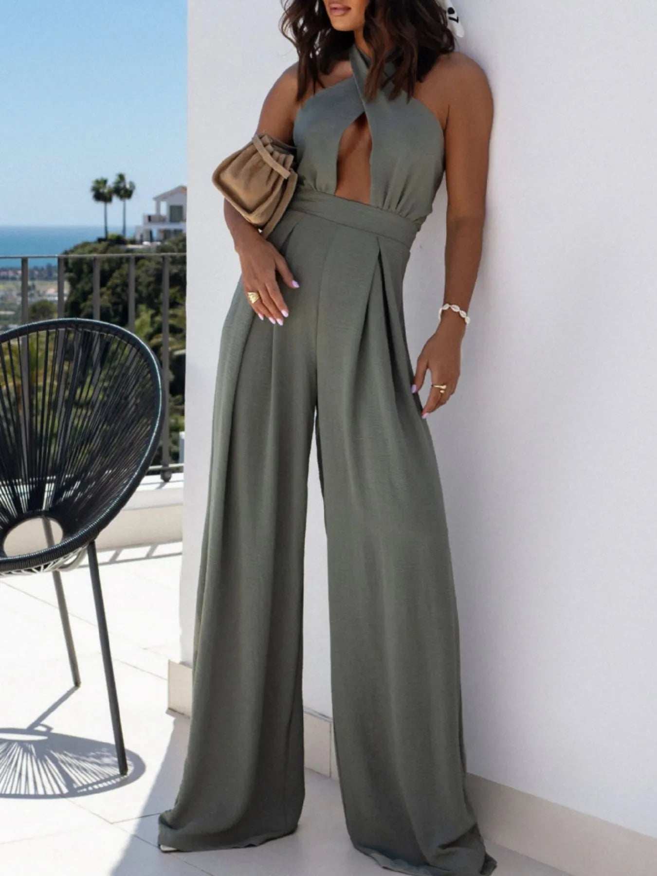Wide Leg Cutout Halter Neck Jumpsuit - Trendsi - Flyclothing LLC
