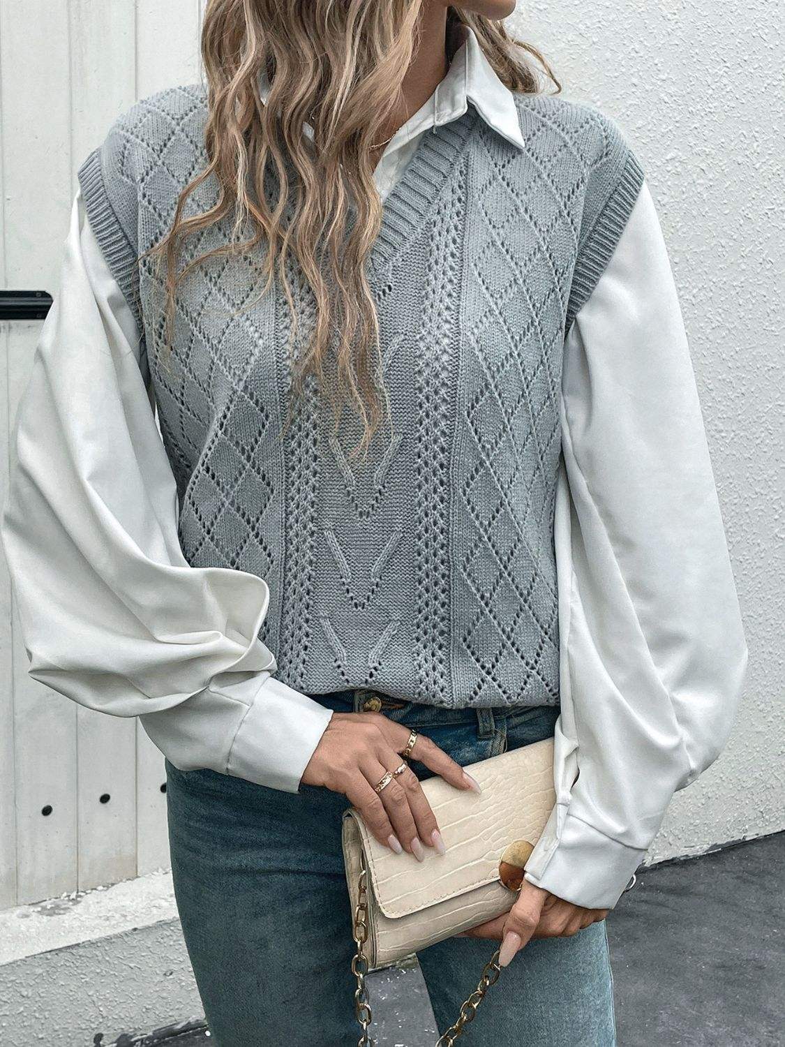 Openwork V-Neck Sweater Vest - Trendsi - Flyclothing LLC