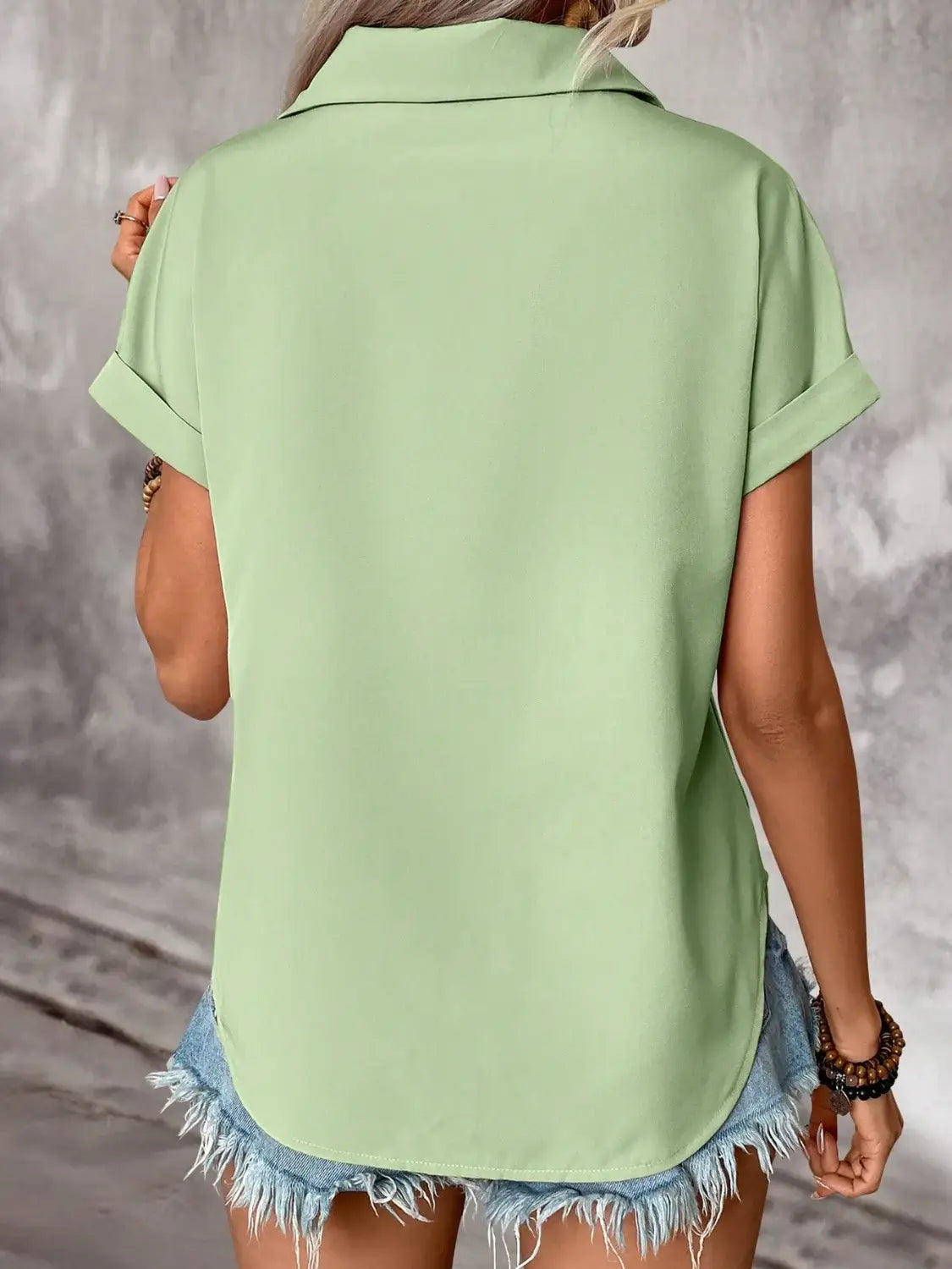 Pleated Detail Collared Neck Short Sleeve Shirt - Trendsi - Flyclothing LLC