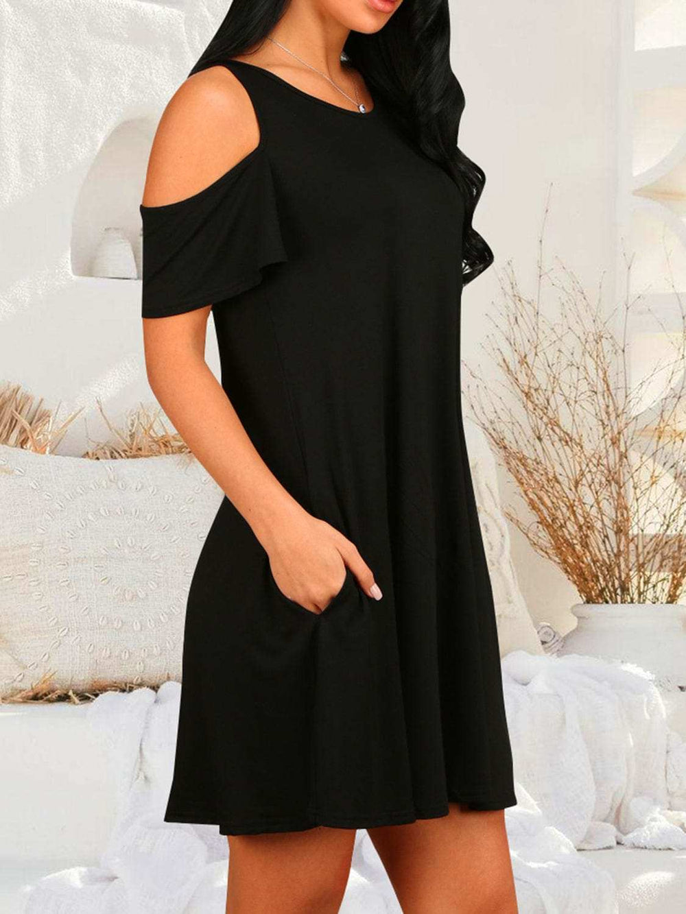 Round Neck Cold Shoulder Short Sleeve Dress - Trendsi - Flyclothing LLC