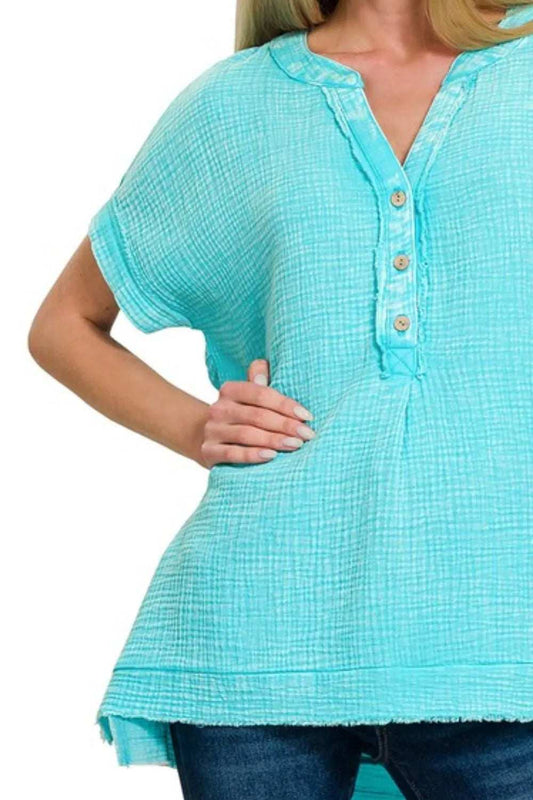 Zenana Washed Double Gauze 3/4 Button Henley Neck Shirt - Trendsi - Flyclothing LLC