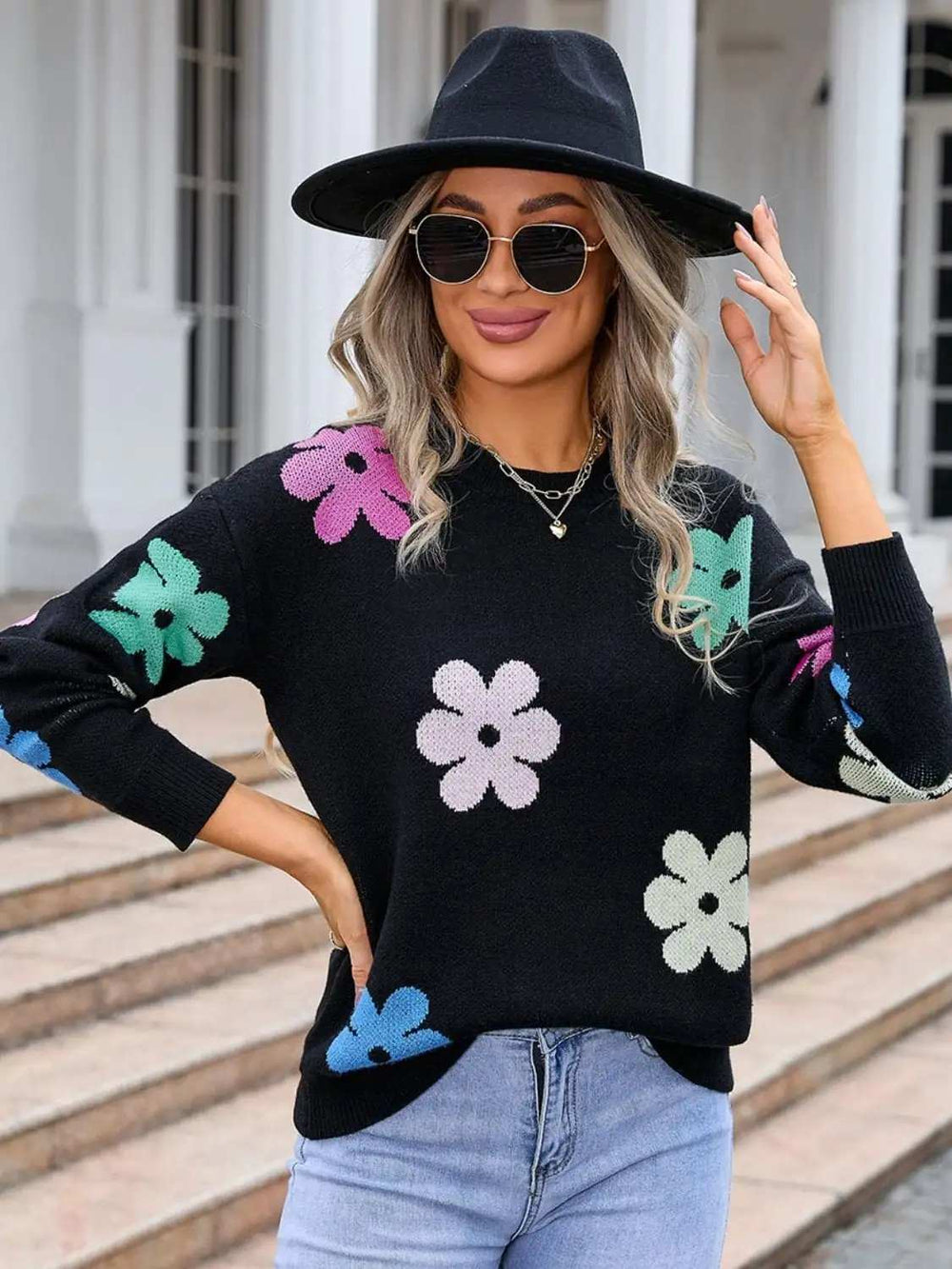 Flower Round Neck Long Sleeve Sweater - Trendsi - Flyclothing LLC