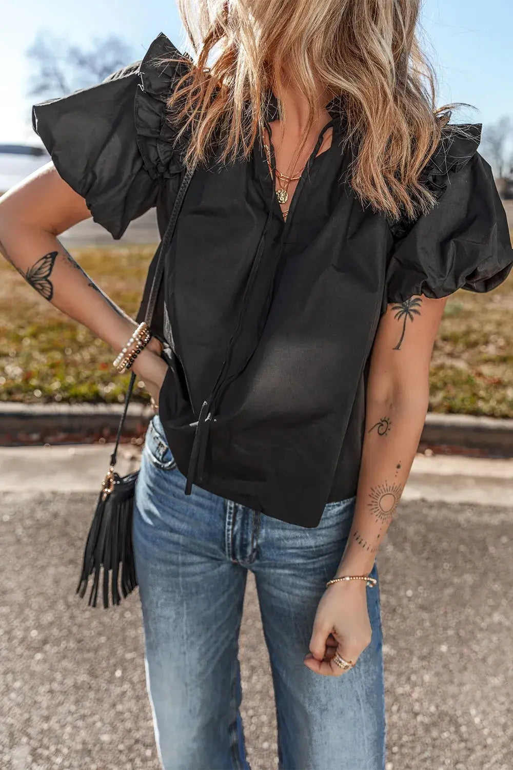Ruffled Puff Short Sleeve Loose Blouse - Trendsi - Flyclothing LLC