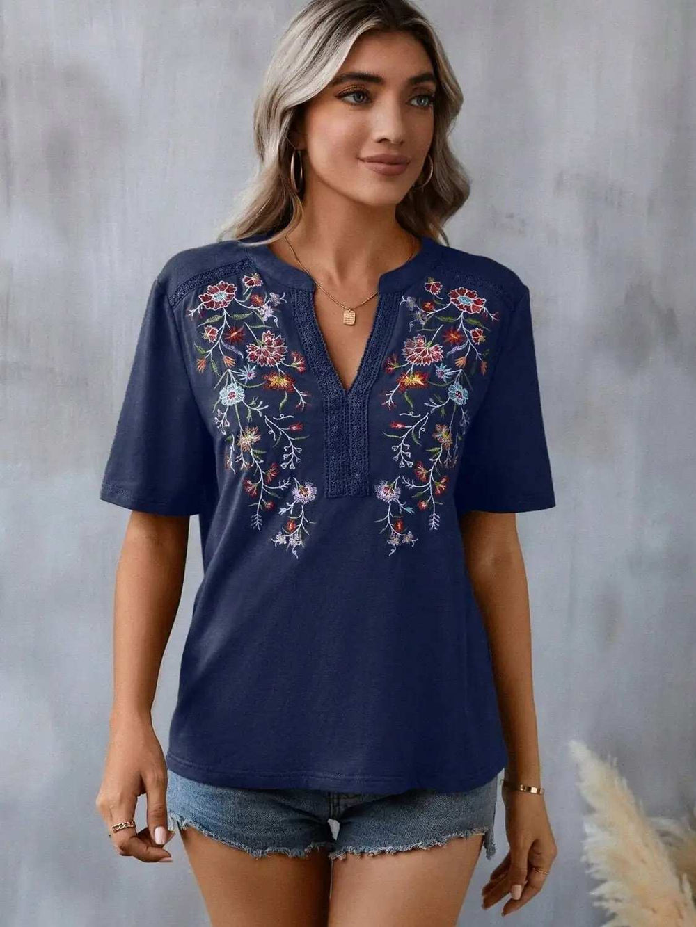 Embroidered Notched Short Sleeve T-Shirt - Trendsi - Flyclothing LLC