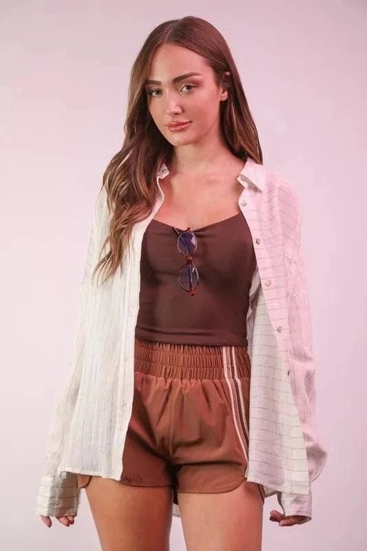 VERY J Oversized Striped Button Down Shirt Top - Trendsi