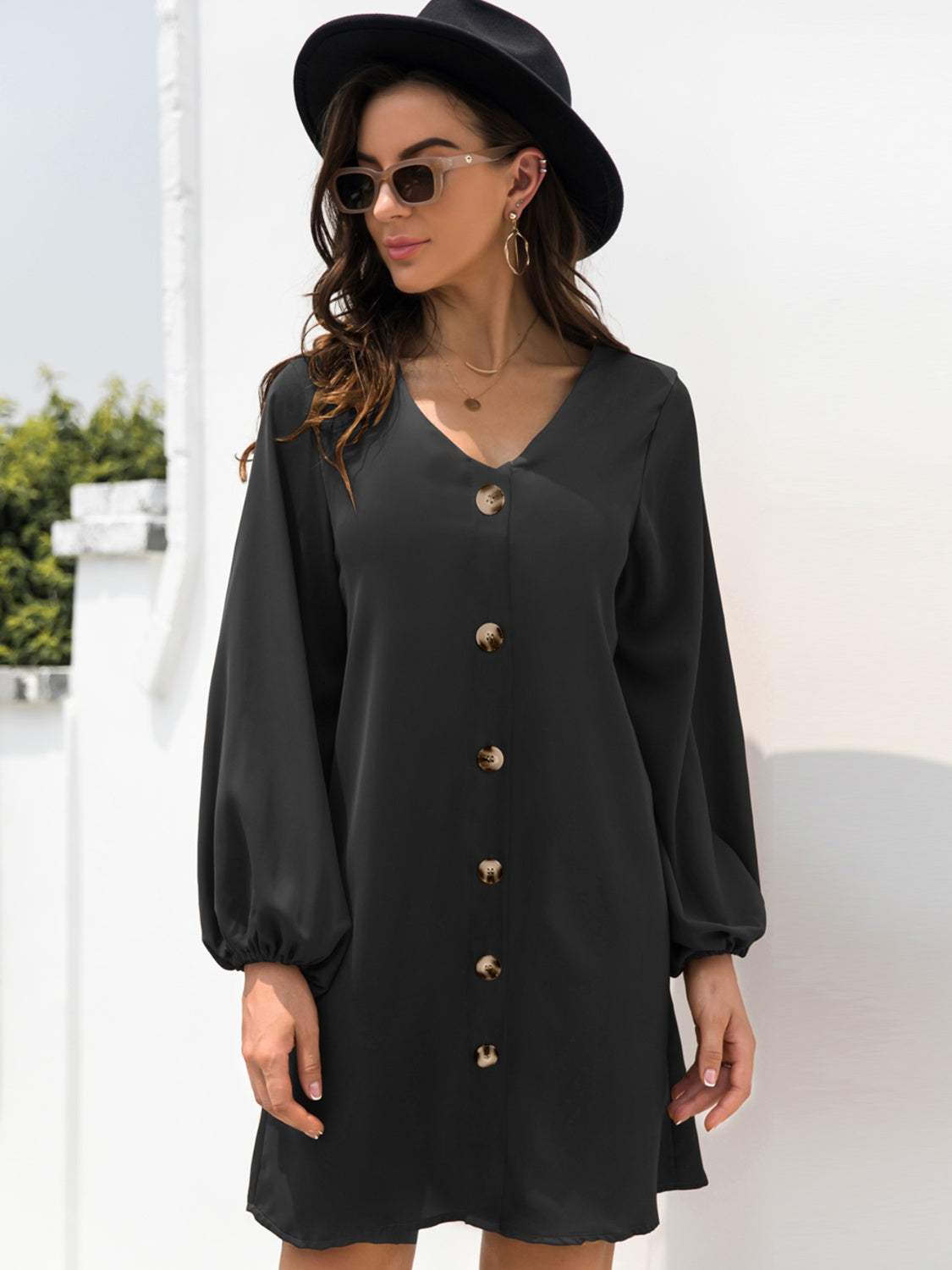 V-Neck Long Sleeve Mini Dress - Trendsi - Flyclothing LLC