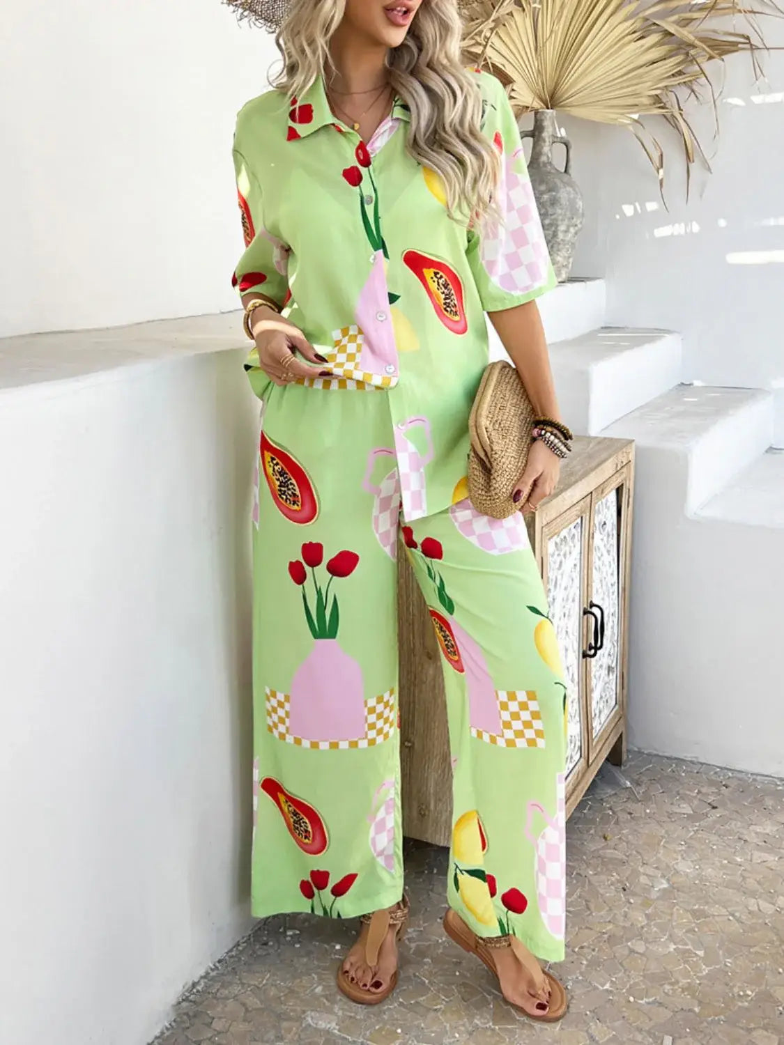 Devine Printed Collared Neck Half Sleeve Top and Pants Set - Trendsi - Flyclothing LLC