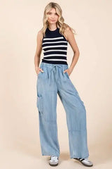 Mittoshop Washed Elastic Waist Cargo Wide Leg Pants - Trendsi - Flyclothing LLC