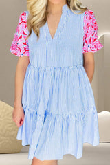 Embroidered Striped Notched Short Sleeve Dress - Trendsi - Flyclothing LLC