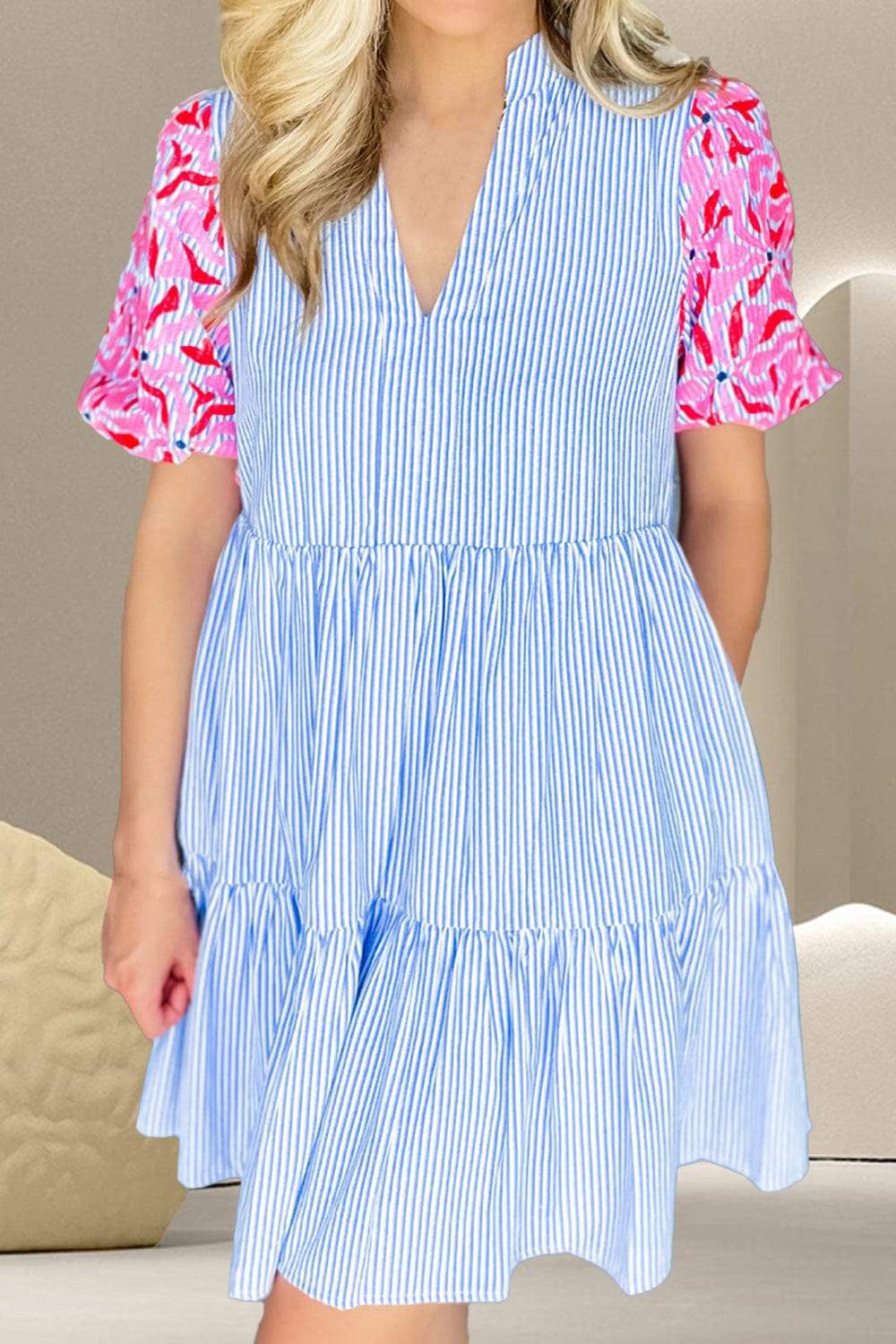 Embroidered Striped Notched Short Sleeve Dress - Trendsi - Flyclothing LLC