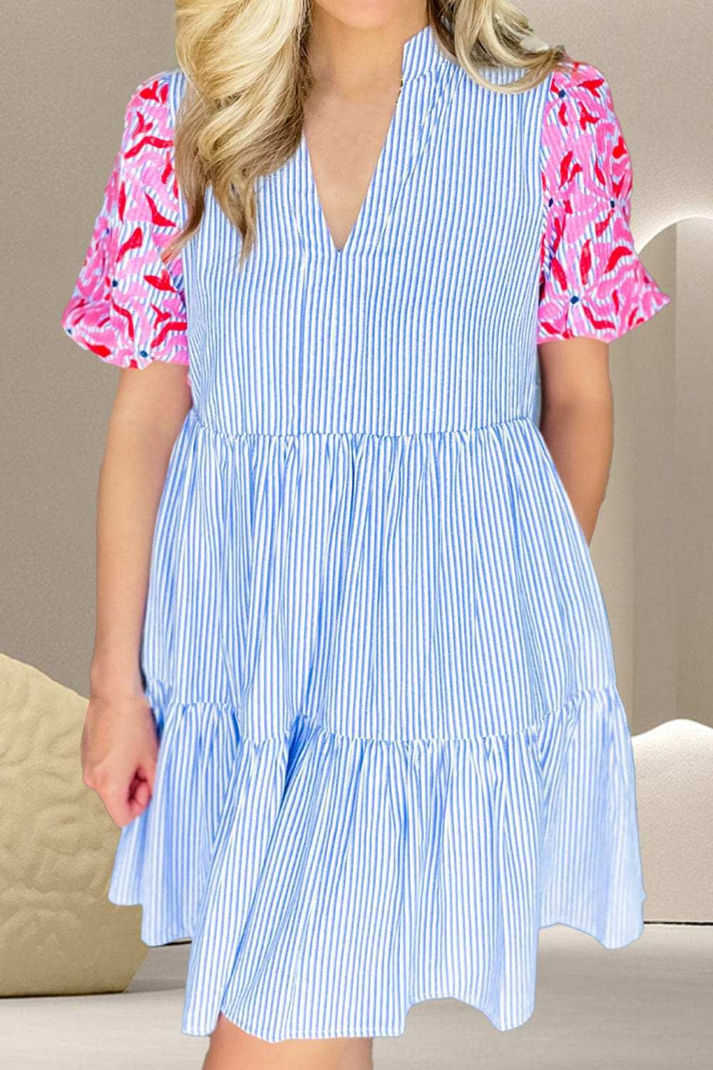 Embroidered Striped Notched Short Sleeve Dress - Trendsi - Flyclothing LLC