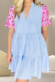 Embroidered Striped Notched Short Sleeve Dress - Trendsi - Flyclothing LLC