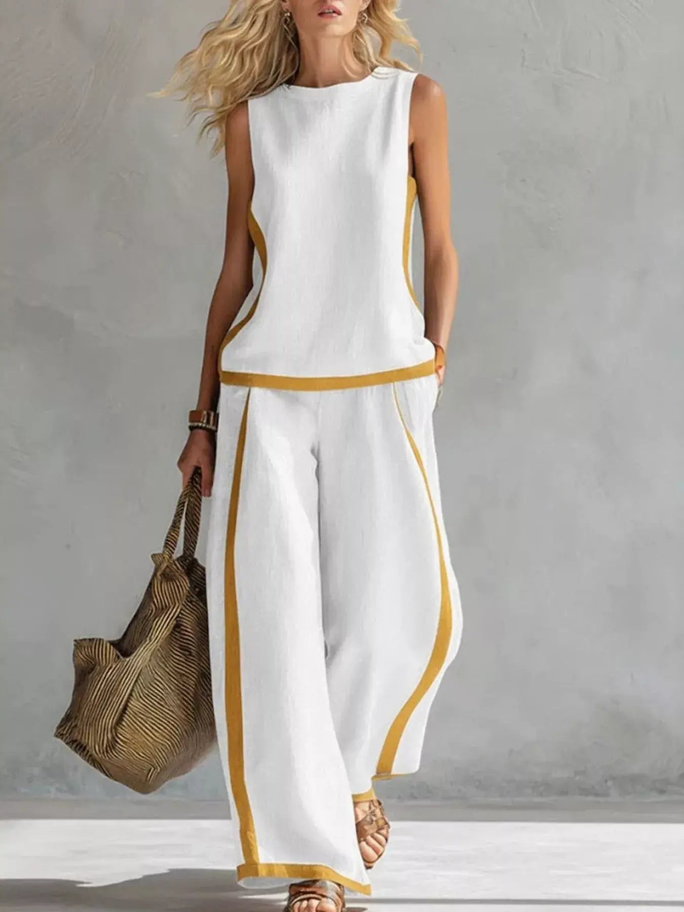 Full Size Contrast Stripe Sleeveless Top & Wide-Leg Pants Set Plus Size - Trendsi - Flyclothing LLC