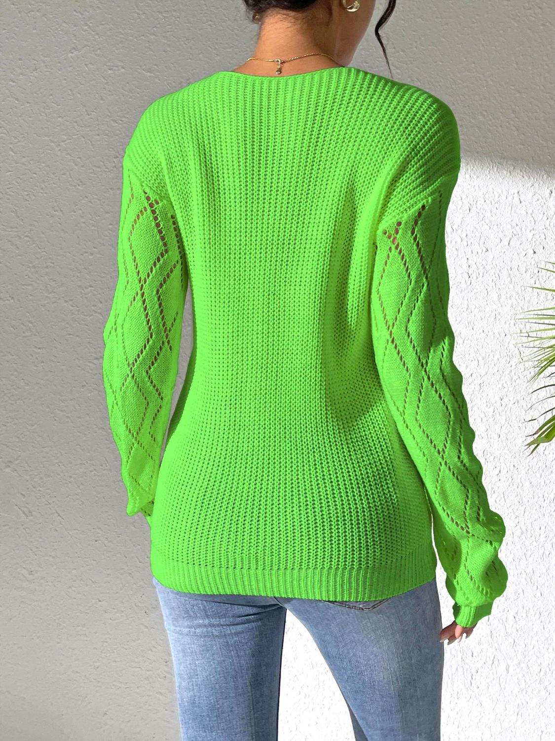 Openwork V-Neck Long Sleeve Sweater - Trendsi - Flyclothing LLC