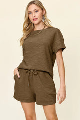 Double Take Full Size Texture Short Sleeve T-Shirt and Drawstring Shorts Set - Trendsi - Flyclothing LLC