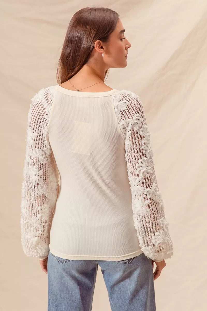SO ME Rib Knit Top with Lace Balloon Sleeves - Trendsi - Flyclothing LLC