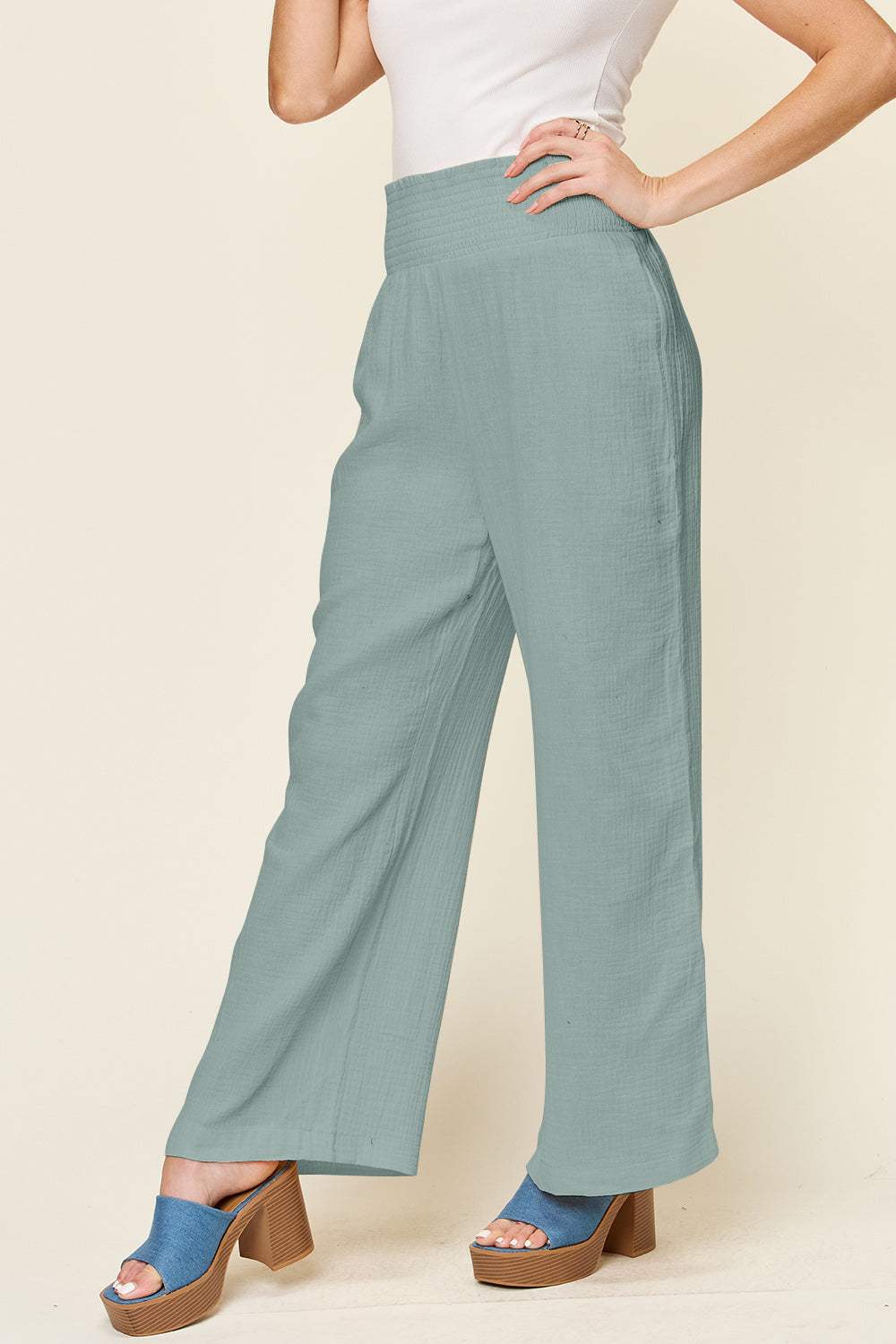 Double Take Full Size Texture Smocked Waist Wide Leg Pants - Trendsi - Flyclothing LLC