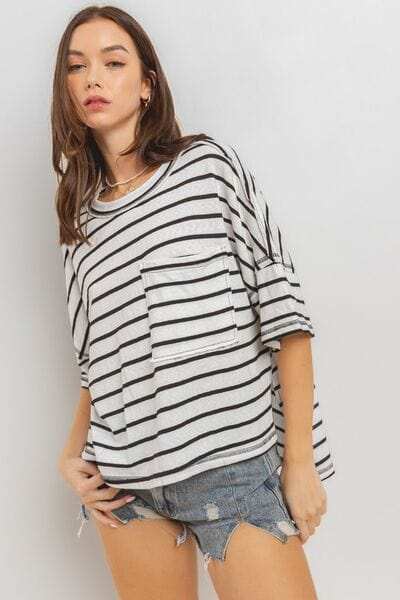 Ces Femme Side Slit Striped Round Neck Half Sleeve T-Shirt - Trendsi - Flyclothing LLC