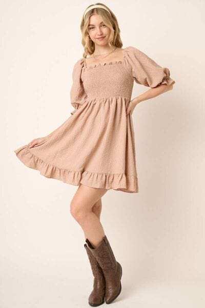 Mittoshop Smocked Ruffled Hem Half Sleeve Mini Dress - Trendsi - Flyclothing LLC