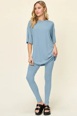 Double Take Full Size Round Neck Dropped Shoulder T-Shirt and Leggings Set - Trendsi - Flyclothing LLC