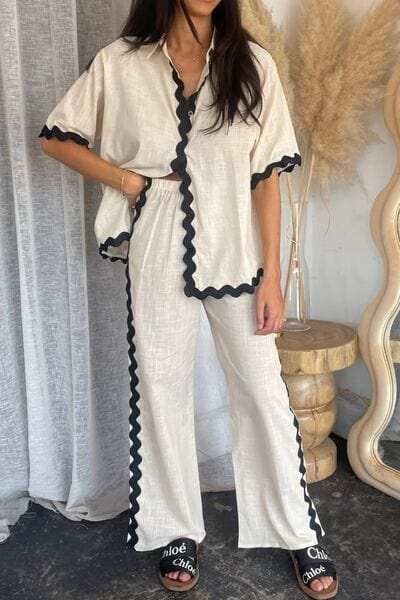 Contrast Trim Half Sleeve Top and Pants Set - Trendsi - Flyclothing LLC