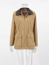 Oversized Contrast Collar Jacket with Drawstring Waist - Trendsi - Flyclothing LLC