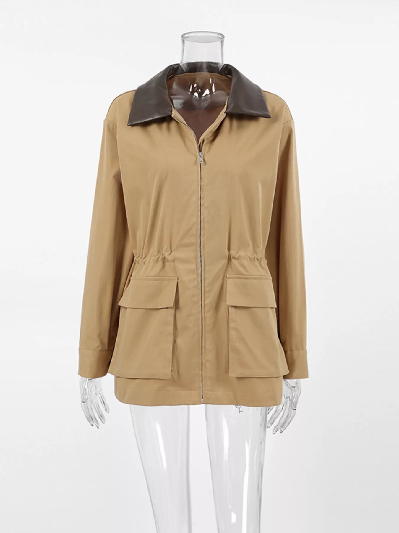 Oversized Contrast Collar Jacket with Drawstring Waist - Trendsi - Flyclothing LLC