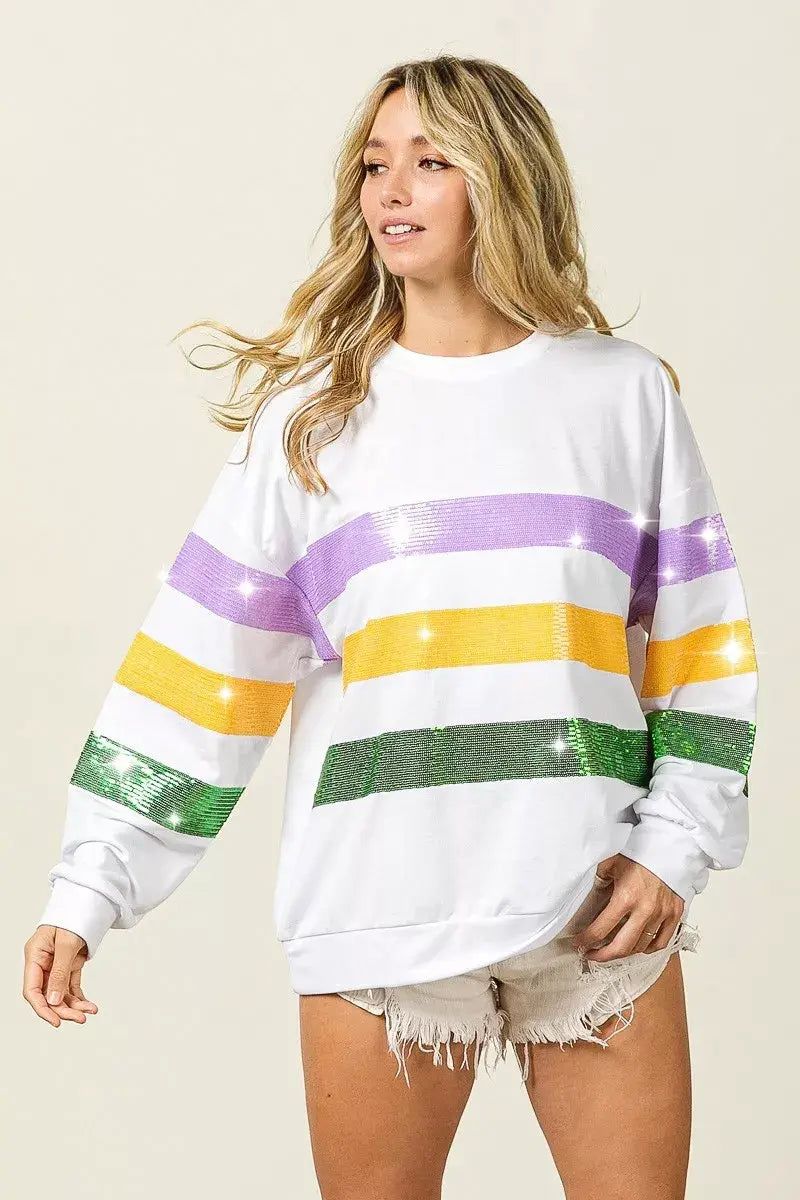 BiBi Sequin Mardi Gras Striped Round Neck Sweatshirt - Trendsi - Flyclothing LLC