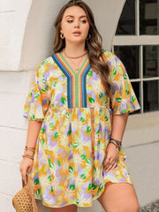 Plus Size Printed V-Neck Half Sleeve Mini Dress - Trendsi
