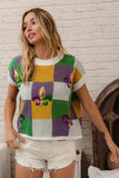 BiBi Sequin Embroidery Mardi Gras Checker Sweater Top - Trendsi - Flyclothing LLC