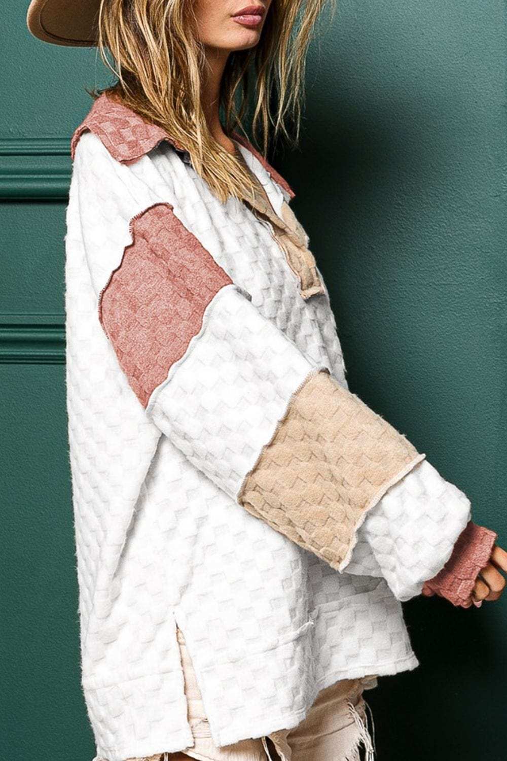 Exposed Seam Side Slit Color Block Long Sleeve Sweatshirt - Trendsi - Flyclothing LLC