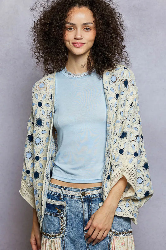POL Open Front Floral Pattern Crochet Cardigan - Trendsi - Flyclothing LLC