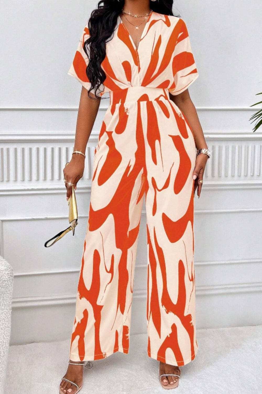 Printed V-Neck Short Sleeve Wide Leg Jumpsuit - Trendsi - Flyclothing LLC