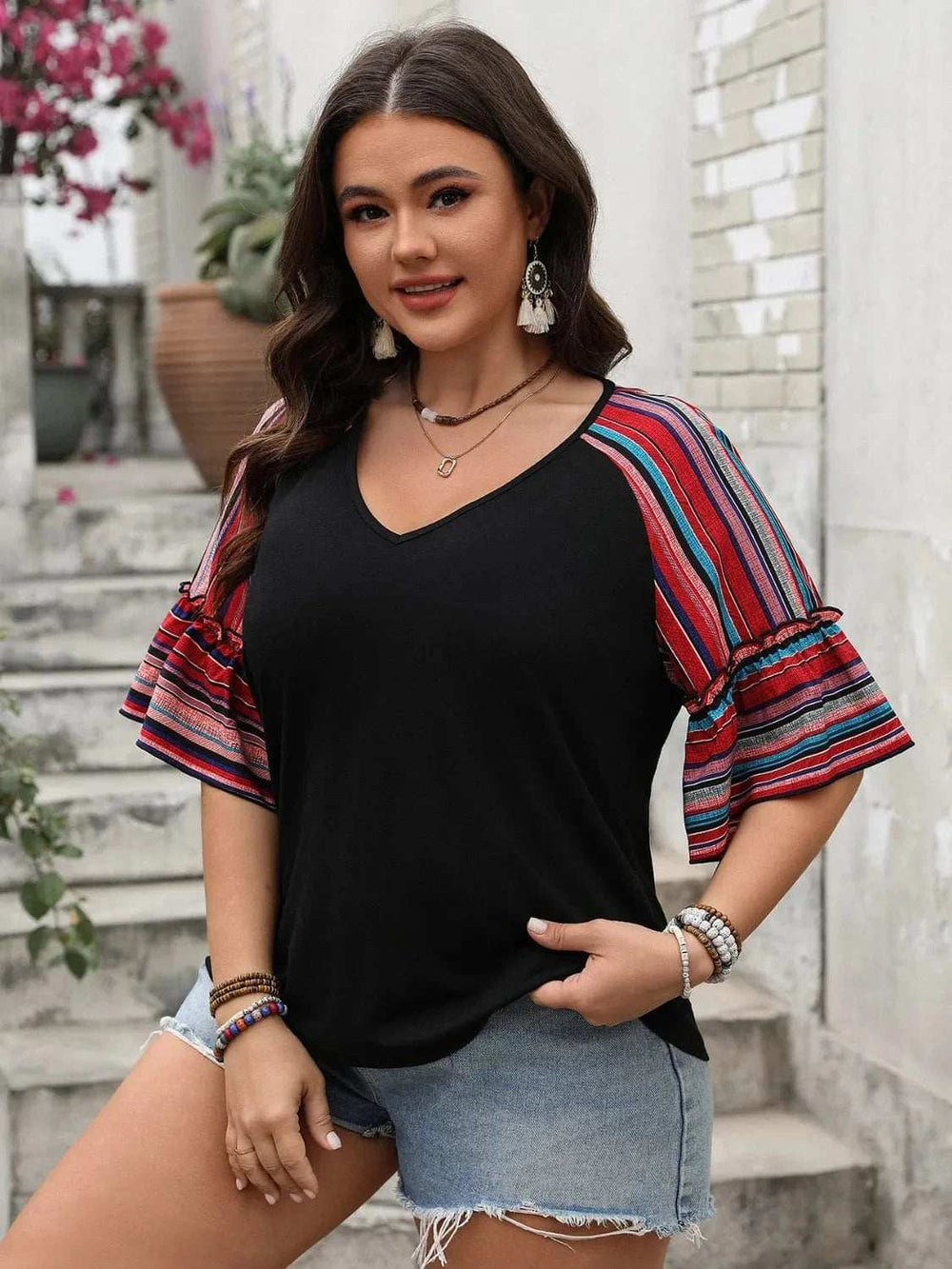 Plus Size V-Neck Flounce Sleeve Top - Trendsi - Flyclothing LLC