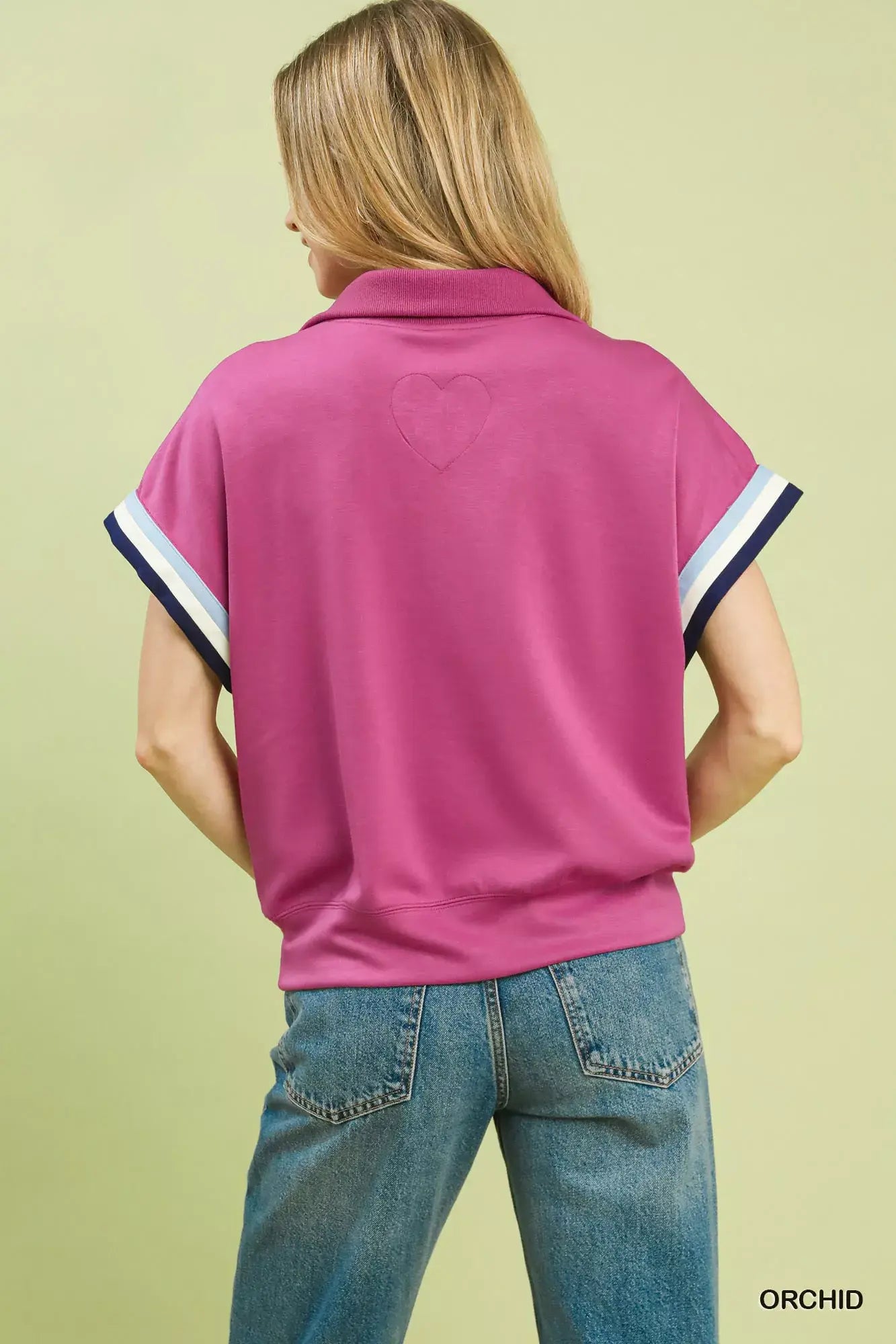 Umgee Zip Front Casual Top with Contrast Stripe Trim - Trendsi - Flyclothing LLC
