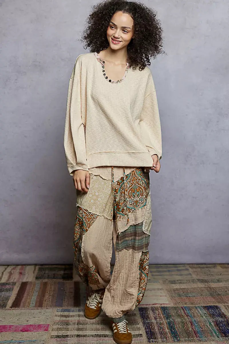 POL Balloon Sleeve Oversized Ribbed Top with Floral Pattern Contrast - Trendsi - Flyclothing LLC