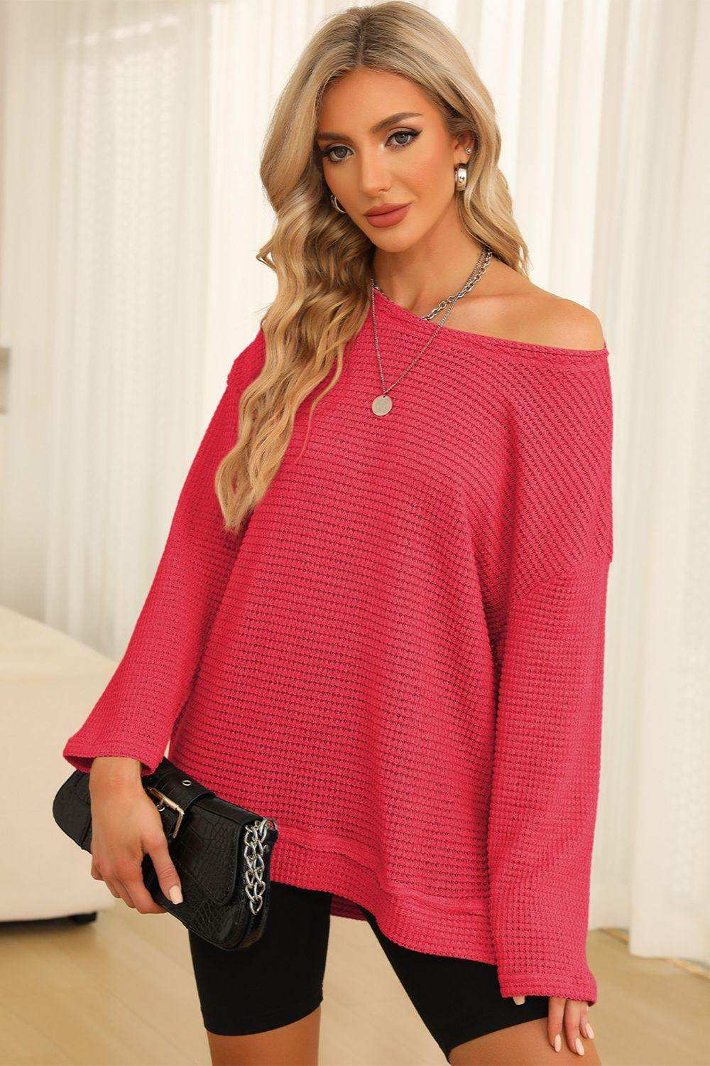 Waffle-Knit Round Neck Long Sleeve Sweatshirt - Trendsi - Flyclothing LLC