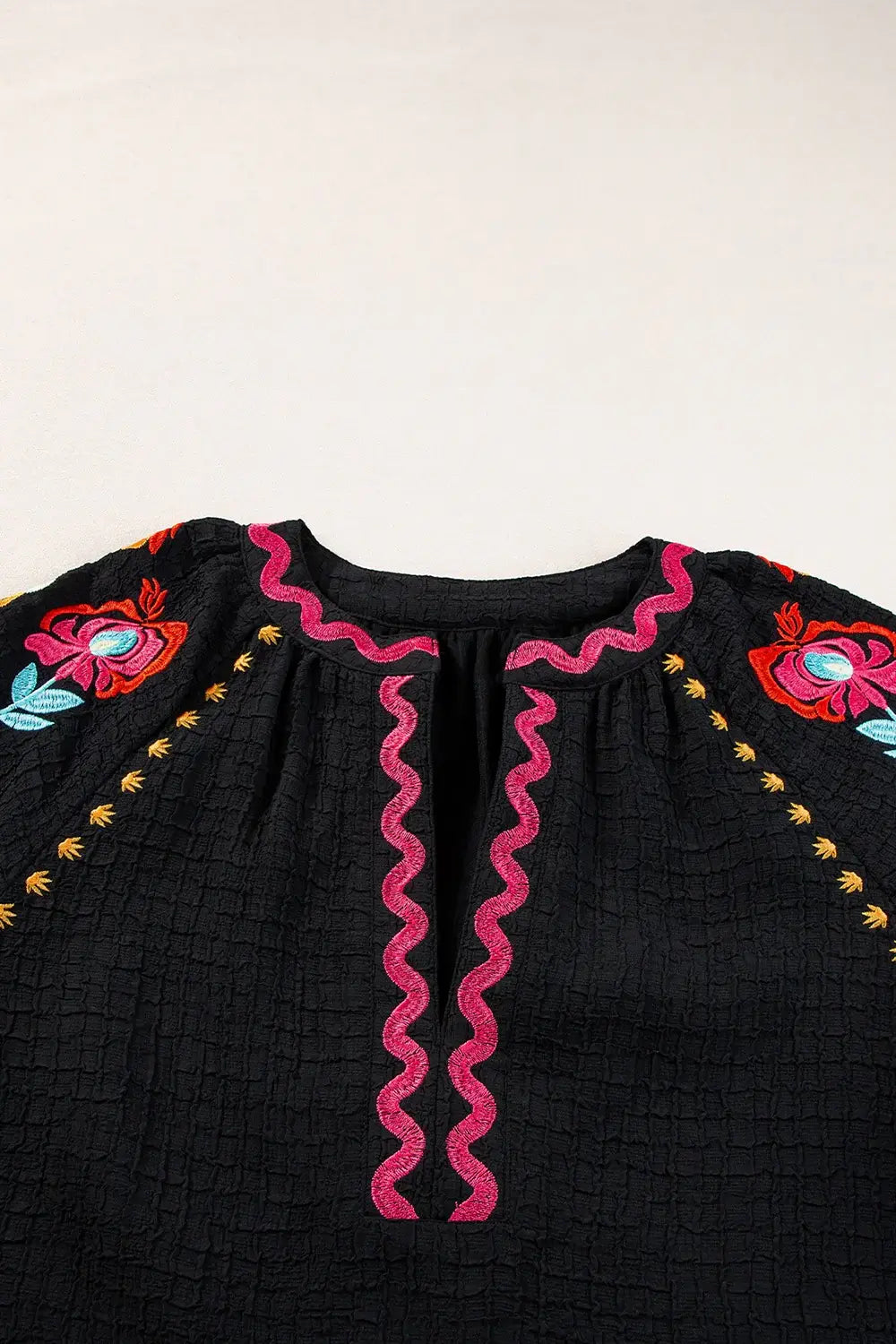 Floral Embroidered Notched Puff Sleeve Blouse - Trendsi - Flyclothing LLC