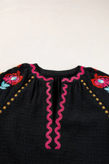 Floral Embroidered Notched Puff Sleeve Blouse - Trendsi - Flyclothing LLC