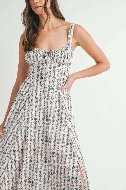 MABLE Floral Print Bustier Back Lace Up Midi Dress - Trendsi - Flyclothing LLC