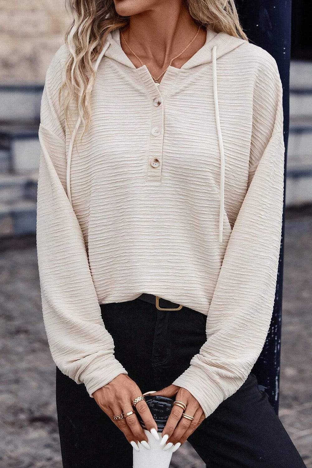 Drawstring Half Button Dropped Shoulder Hoodie - Trendsi - Flyclothing LLC
