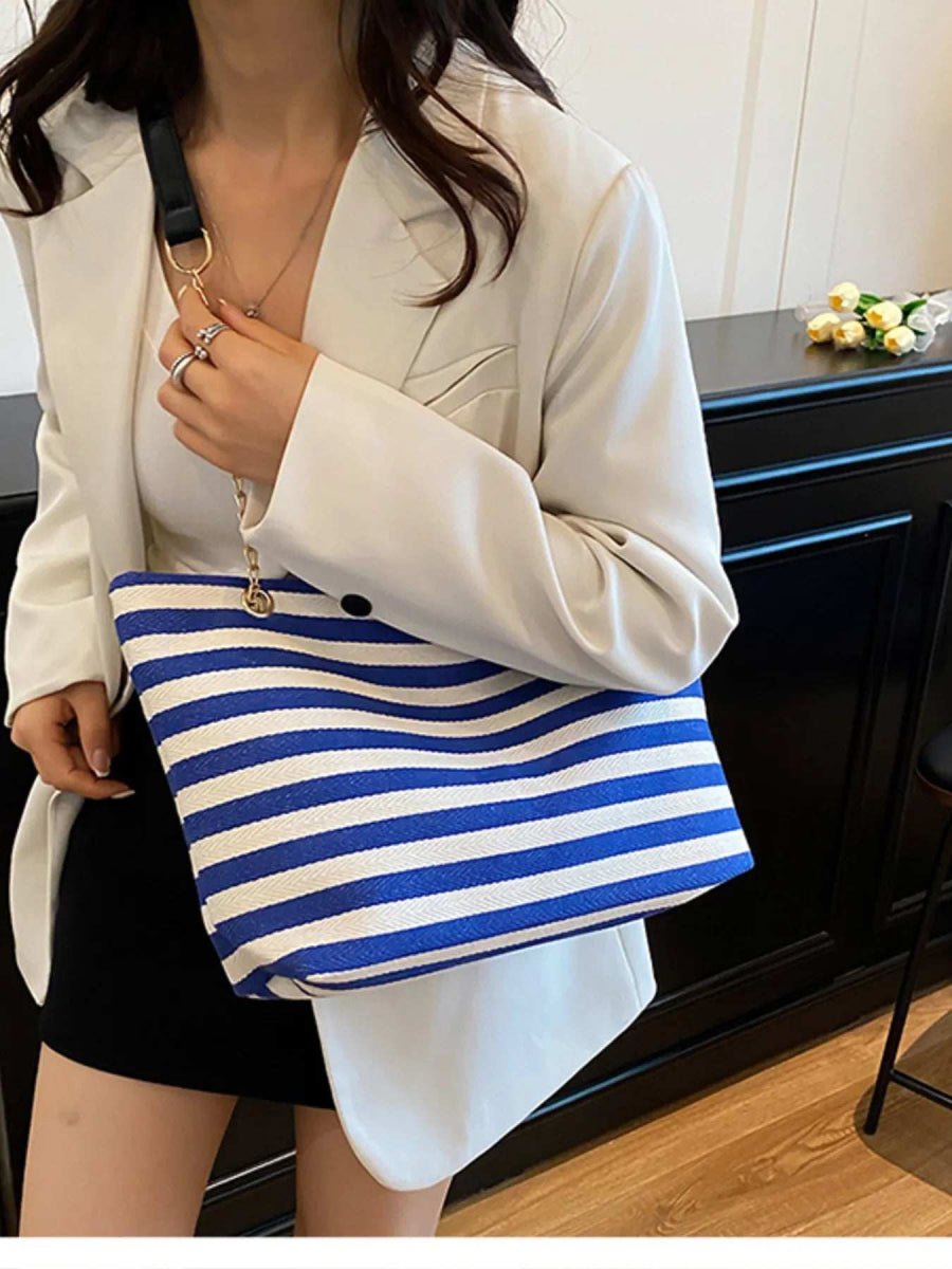 Striped Shoulder Bag with Chain Detail - Trendsi - Flyclothing LLC