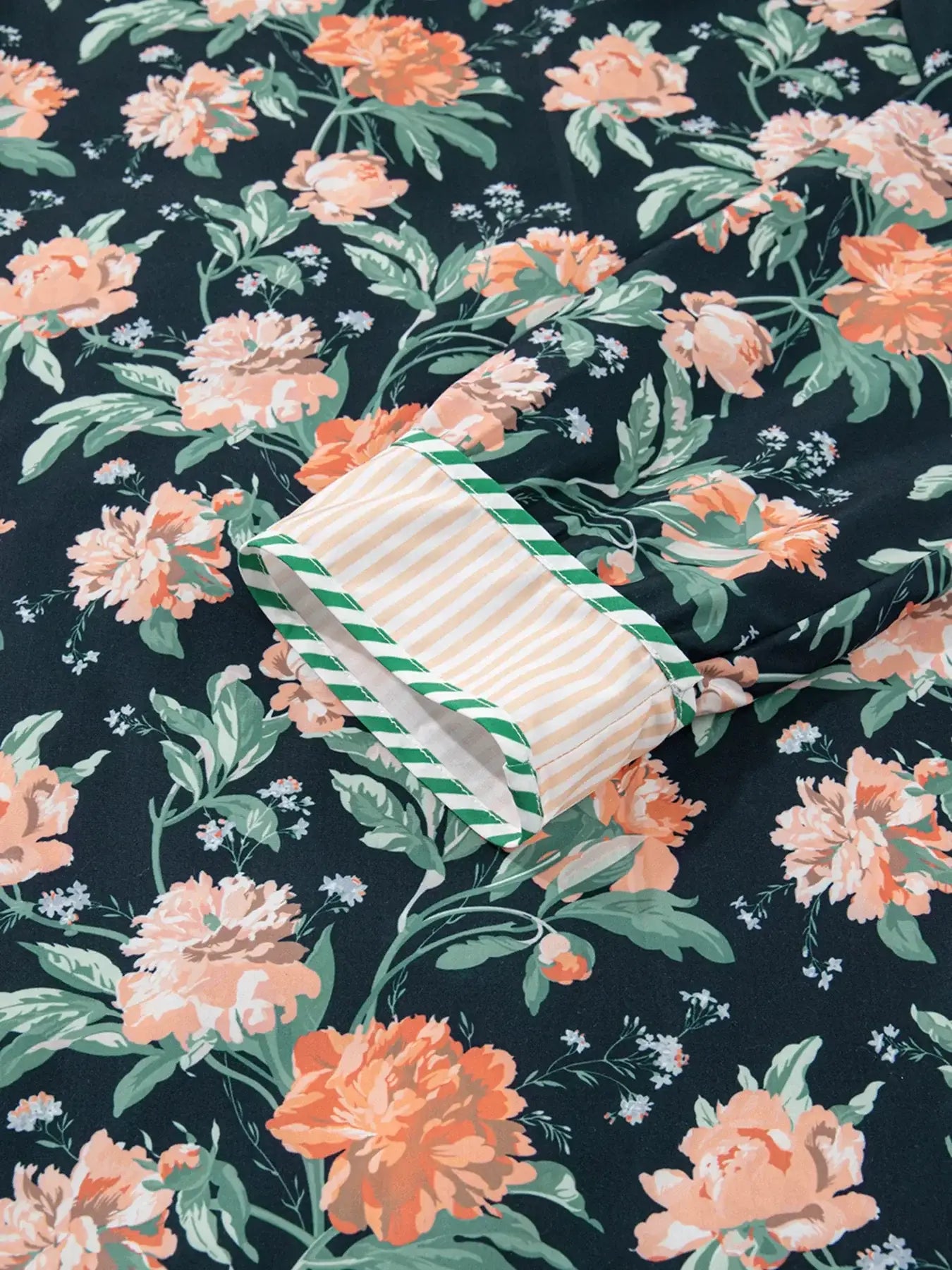 Floral Print Striped Trim V Neck Long Sleeve Ruffle Hem Shift Mini Dress - Trendsi - Flyclothing LLC