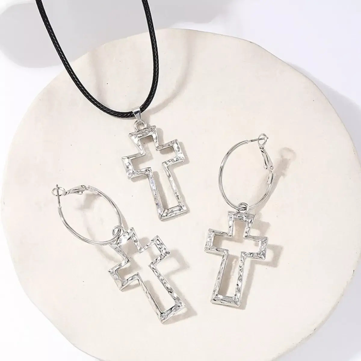 Cross Pendant Necklace & Hoop Earrings Jewelry Set - Trendsi - Flyclothing LLC